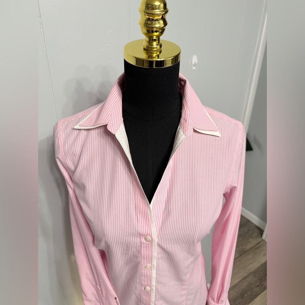 #1) 100% Cotton Brooks Brothers Pink and White Striped Shirt With Double Collar